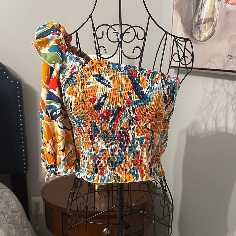 Colorful One-Shoulder Smocked Top